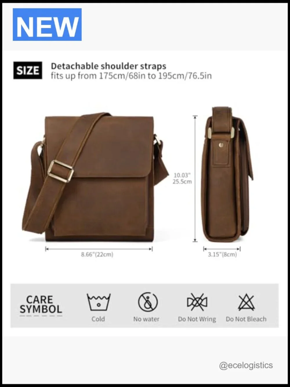 Leather Messenger Crossbody Bag for Men Adjustable Strap YKK Zipper